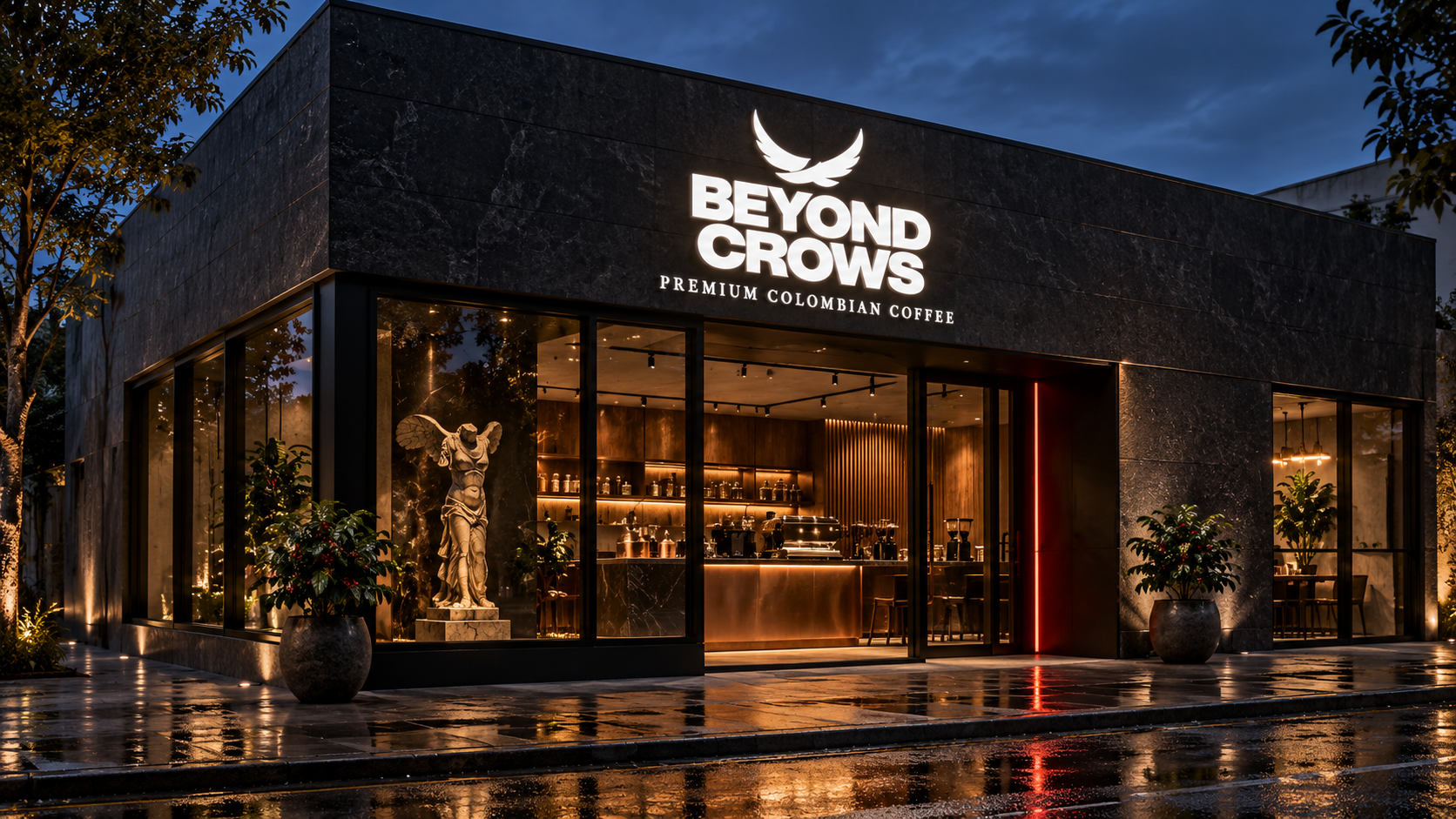 Beyond Crows black cafe exterior with illuminated white logo, architectural concept
