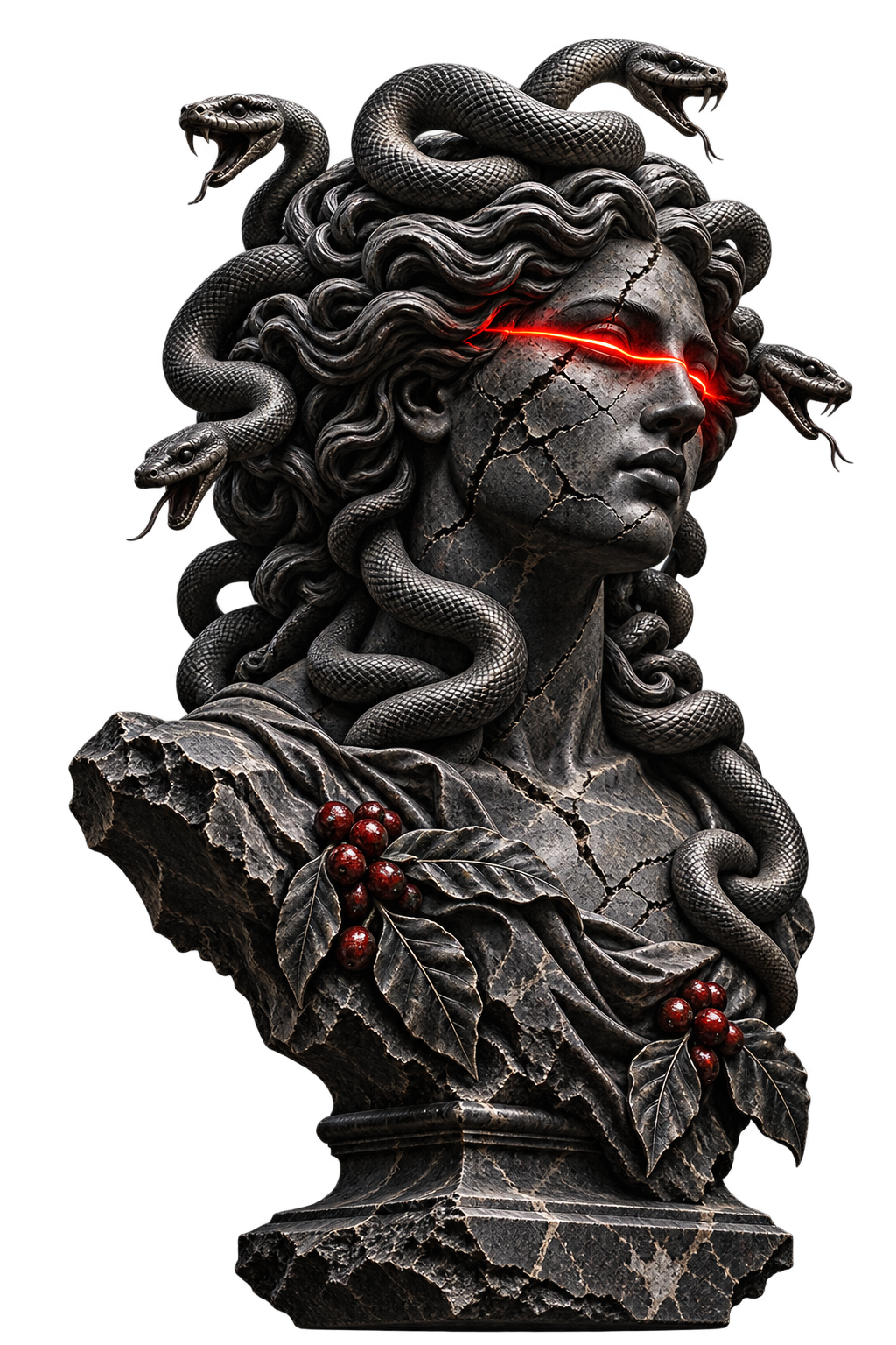 Medusa sculpted in cracked dark marble with a red glow