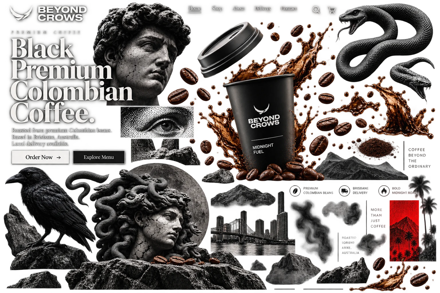 The Beyond Crows visual universe: coffee, classical sculptures, crows and Colombian landscapes