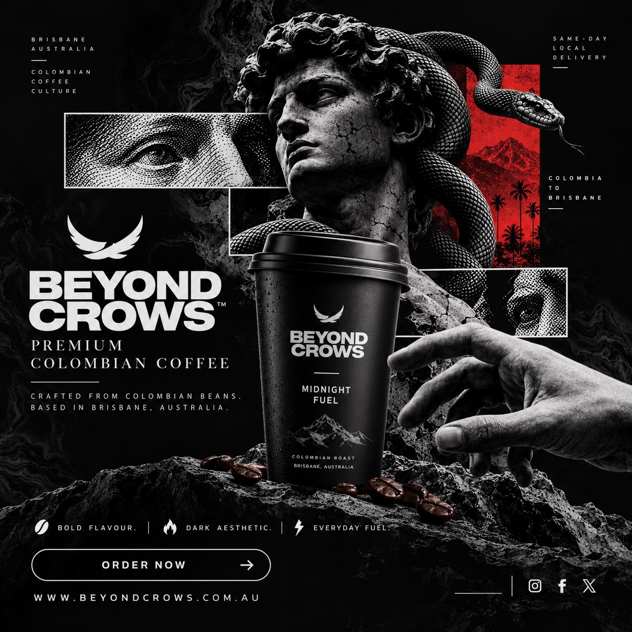 Beyond Crows dark Colombian coffee artwork